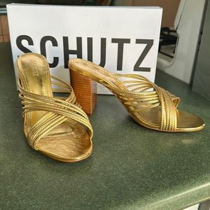 SCHUTZ gold block heel sandals